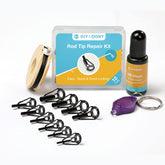 Front view of Fishing Rod Tip Repair Kit with UV-cured adhesive and 10 tips